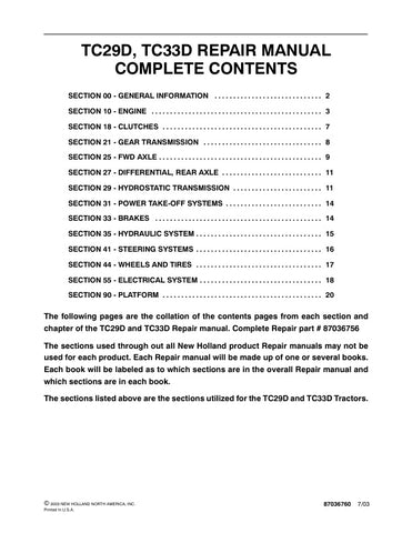 Unlock the full potential of your New Holland TC29D and TC33D tractors with the comprehensive Repair Manual (Part Number: 87036756) in PDF format. This essential guide provides detailed instructions, diagrams, and troubleshooting tips to help you maintain and repair your equipment efficiently. Whether you're a seasoned mechanic or a DIY enthusiast, this manual ensures you have the knowledge and resources to keep your tractor running smoothly, saving you time and money on repairs. Download your copy today an