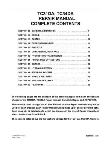 Unlock the full potential of your New Holland TC31DA and TC34DA tractors with the comprehensive Repair Manual (Part Number: 87531021) in PDF format. This essential guide provides detailed instructions, diagrams, and troubleshooting tips to ensure your equipment runs smoothly and efficiently. Whether you're a seasoned mechanic or a DIY enthusiast, this manual is designed to help you tackle repairs with confidence, saving you time and money. Don't let mechanical issues slow you down download your copy today a