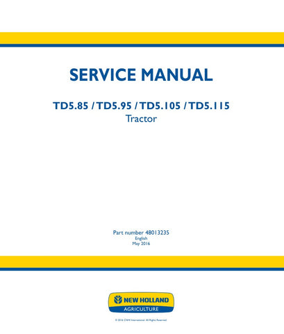 Unlock the full potential of your New Holland TD5 series tractors with the comprehensive Service Manual (48013235) available in PDF format. This essential guide covers models TD5.85, TD5.95, TD5.105, and TD5.115, providing detailed instructions for maintenance, troubleshooting, and repairs. With easy navigation and clear diagrams, this manual ensures you can keep your equipment running smoothly and efficiently, saving you time and money on costly repairs. Invest in your machinery's longevity and performance