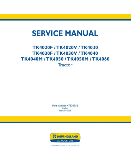 Unlock the full potential of your New Holland TK series tractors with the comprehensive Service Manual (47830952) available in PDF format. This essential guide covers models TK4020F, TK4020V, TK4030, TK4030F, TK4030V, TK4040, TK4040M, TK4050, and TK4050M, providing detailed instructions for maintenance, troubleshooting, and repairs. With clear diagrams and step-by-step procedures, this manual ensures you can keep your equipment running smoothly and efficiently, saving you time and money on costly repairs. 