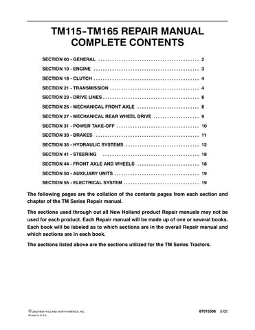 Unlock the full potential of your New Holland TM series tractors with the comprehensive Repair Manual (Part No. 87015506) available in PDF format. This essential guide covers models TM115, TM125, TM135, TM150, and TM165, providing detailed instructions, diagrams, and troubleshooting tips to ensure efficient maintenance and repairs. With this manual at your fingertips, you can save time and money while keeping your equipment running smoothly and effectively. Don't miss out on the opportunity to enhance your 