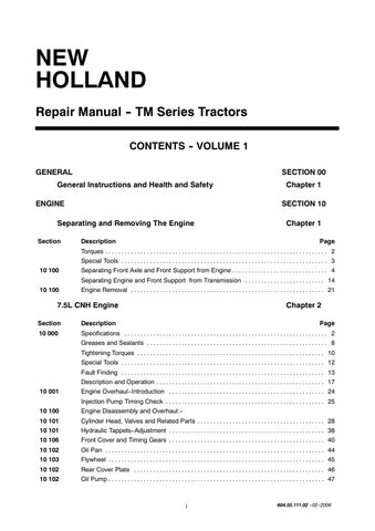Unlock the full potential of your New Holland TM Series tractor with the comprehensive Repair Manual (604.55.111.02) available in PDF format. This essential guide covers models TM120, TM130, TM140, TM155, TM175, and TM190, providing detailed instructions for maintenance, troubleshooting, and repairs. With clear diagrams and step-by-step procedures, you'll save time and money while ensuring your equipment operates at peak performance. Don't let minor issues turn into major problems—invest in this invaluable 