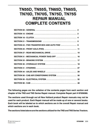 Unlock the full potential of your New Holland TN series tractors with the comprehensive Repair Manual (Part No. 87059388) available in PDF format. This essential guide covers models TN55D, TN55S, TN65D, TN65S, TN70D, TN70S, TN75D, and TN75S, providing detailed instructions for maintenance, troubleshooting, and repairs. With clear diagrams and step-by-step procedures, you'll save time and money while ensuring your equipment runs smoothly and efficiently. Don't let minor issues turn into major problems invest