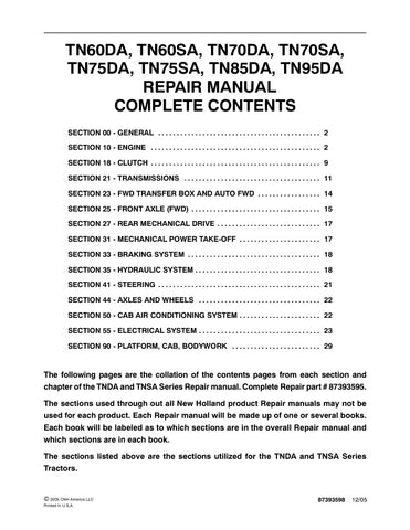 Unlock the full potential of your New Holland tractor with the comprehensive Repair Manual (Part No. 87393595) for models TN60DA, TN60SA, TN70DA, TN70SA, TN75DA, TM75SA, TN85DA, and TN95DA. This PDF file is an essential resource for both seasoned mechanics and DIY enthusiasts, providing detailed diagrams, troubleshooting tips, and step-by-step repair instructions to keep your equipment running smoothly. Invest in this manual today to ensure your tractor remains in peak condition, maximizing productivity and