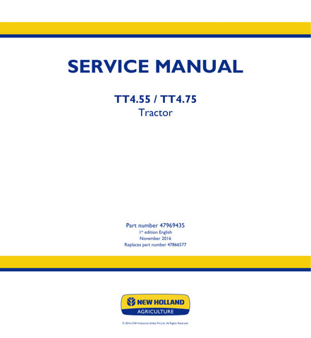 Unlock the full potential of your New Holland TT4.55 and TT4.75 tractors with the comprehensive Service Manual (Part Number: 47969435) in PDF format. This essential guide provides detailed instructions, diagrams, and troubleshooting tips to ensure your equipment runs smoothly and efficiently. Whether you're performing routine maintenance or tackling complex repairs, this manual is your go-to resource for maximizing performance and longevity. Invest in your machinery's upkeep and keep your operations running