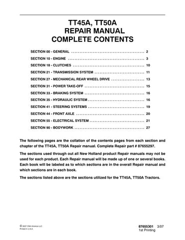 Unlock the full potential of your New Holland TT45A and TT50A tractors with the comprehensive Repair Manual (Part No. 87655297) in PDF format. This essential guide provides detailed instructions, diagrams, and troubleshooting tips to help you maintain and repair your equipment efficiently. Whether you're a seasoned mechanic or a DIY enthusiast, this manual ensures you have the knowledge and resources to keep your tractor running smoothly, saving you time and money on repairs. Don't miss out on the opportuni