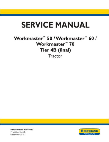 Unlock the full potential of your New Holland Workmaster 50, 60, and 70 tractors with the comprehensive Tier 4B (Final) Service Manual (Part No. 47866583). This PDF file is an essential resource for both seasoned mechanics and DIY enthusiasts, providing detailed instructions, diagrams, and troubleshooting tips to keep your tractor running smoothly. With easy navigation and clear information, you can efficiently perform maintenance and repairs, ensuring optimal performance and longevity of your equipment. 