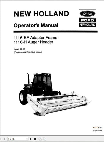 New Holland 1116BF Adapter Frame 1116H Auger Header Tractor Operator’s Manual 42111620 - Manual labs