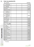 A printed technical parts list page titled 'Power tray assembly (DC)' with a table of numbered components, part numbers, and notes. The page includes a left-side margin with 'chassis assembly' and 'frèchies german' text, plus a small logo at the bottom right.