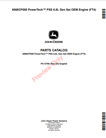  Discover the comprehensive parts catalog manual for the John Deere 6068CP550 PowerTech PSS 6.8L Gen Set OEM Engine (FT4). Access detailed specifications today.