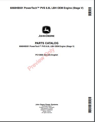 Discover the comprehensive parts catalog manual for the John Deere 6068HB551 PowerTech PVS 6.8L LBH OEM engine (Stage V). Find the right parts easily!