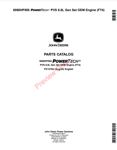 Discover the comprehensive parts catalog manual for the John Deere 6068HP550 PowerTech PVS 6.8L Gen Set OEM Engine (FT4). Find the right parts easily.