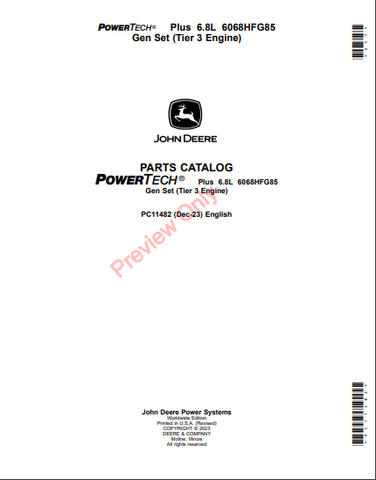 Discover the comprehensive parts catalog manual for the John Deere PowerTech Plus 6.8L 6068HFG85 Gen Set (Tier 3 Engine) PC11482. Find the parts you need today!