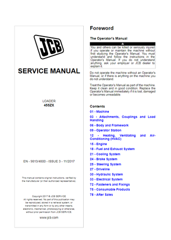 JCB 455ZX Wheel Loader Service Repair Manual EN - 9813/4800 - PDF File Download