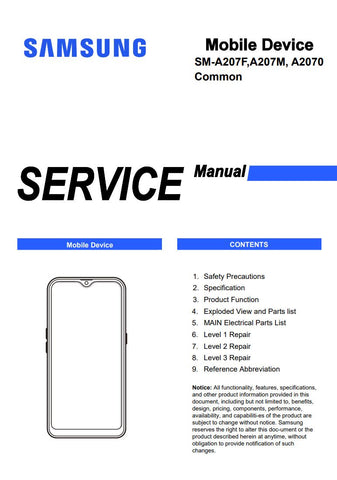 Unlock the full potential of your Samsung Galaxy A20s with our comprehensive Service Manual (SM-A207F, SM-A207M, SM-A2070) in PDF format. This essential guide provides detailed instructions, troubleshooting tips, and technical specifications to help you maintain and repair your device with confidence. Whether you're a technician or a DIY enthusiast, this manual is your go-to resource for ensuring optimal performance and longevity of your smartphone. Download now and take the first step towards mastering you