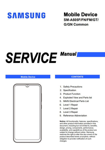 Unlock the full potential of your Samsung Galaxy A50 with our comprehensive Service Manual (SM-A505F, SM-A505FN, SM-A505FM, SM-A505GT, SM-A505G, SM-A505GN) in PDF format. This essential guide provides detailed troubleshooting steps, repair instructions, and technical specifications, ensuring you have everything you need to maintain and optimize your device. Whether you're a technician or a DIY enthusiast, this manual is your go-to resource for efficient repairs and upgrades, helping you extend the life of y