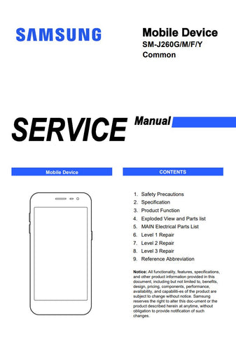 Unlock the full potential of your Samsung Galaxy J2 Core with our comprehensive Service Manual (SM-J260G, SM-J260M, SM-J260F, SM-J260Y) in PDF format. This essential guide provides detailed instructions for troubleshooting, repairs, and maintenance, ensuring your device operates at peak performance. With easy-to-follow diagrams and step-by-step procedures, you'll have the knowledge to tackle any issue confidently. Perfect for technicians and DIY enthusiasts alike, this manual is your go-to resource for keep