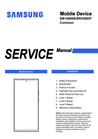 Unlock the full potential of your Samsung Galaxy Note 20 Ultra with our comprehensive service manual (SM-N986B/BR/N985F) in PDF format. This essential guide provides detailed instructions, troubleshooting tips, and maintenance advice to ensure your device operates at peak performance. Whether you're a tech enthusiast or a professional technician, this manual is your go-to resource for maximizing the functionality and longevity of your smartphone. Download now and take control of your device!