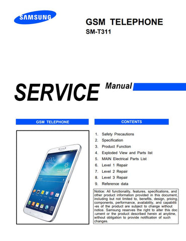 Unlock the full potential of your Samsung Galaxy Tab 3 (SM-T311) with our comprehensive PDF service manual. This essential guide provides detailed instructions, troubleshooting tips, and repair procedures, ensuring you can maintain and optimize your device with ease. Whether you're a tech enthusiast or a professional technician, this manual is your go-to resource for keeping your tablet in top condition. Download now and empower yourself with the knowledge to tackle any issue confidently!