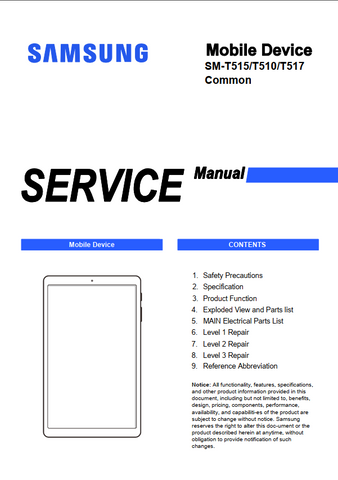 Unlock the full potential of your Samsung Galaxy Tab A 10.1 with our comprehensive service manual (models SM-T515, SM-T517, SM-T510) in PDF format. This essential guide provides detailed troubleshooting tips, repair instructions, and maintenance advice, ensuring your device operates at peak performance. Whether you're a tech enthusiast or a professional technician, this manual is your go-to resource for efficient repairs and upgrades, making it an invaluable addition to your toolkit. Download now and empowe