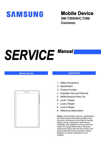 Unlock the full potential of your Samsung Galaxy Tab A 8.0 with our comprehensive service manual (models SM-T295, SM-T295N, SM-T295C, SM-T290) available in a convenient PDF format. This essential guide provides detailed troubleshooting tips, repair instructions, and maintenance advice, ensuring your device operates at peak performance. Whether you're a tech enthusiast or a professional technician, this manual is your go-to resource for efficient repairs and optimal device care. Don't miss out on the opportu