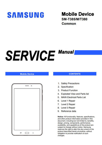 Unlock the full potential of your Samsung Galaxy Tab A 8.0 with our comprehensive service manual (models SM-T385, SM-T385M, SM-T380, SM-T380) in PDF format. This essential guide provides detailed troubleshooting tips, repair instructions, and maintenance advice, ensuring your device operates at peak performance. Whether you're a tech enthusiast or a professional technician, this manual is your go-to resource for efficient repairs and upgrades, making it a must-have for anyone looking to extend the life of