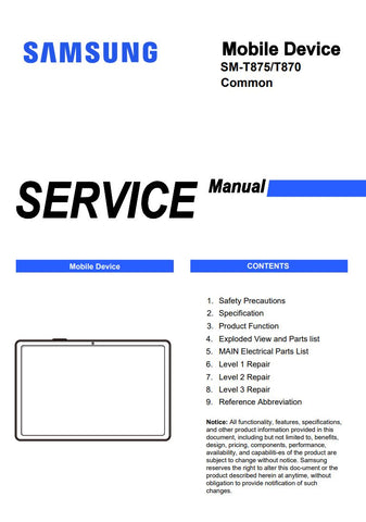 Unlock the full potential of your Samsung Galaxy Tab S7 with our comprehensive Service Manual (SM-T875, SM-T870) in PDF format. This essential guide provides detailed instructions, troubleshooting tips, and maintenance procedures to ensure your device operates at peak performance. Whether you're a tech enthusiast or a professional, this manual is designed to help you navigate repairs and enhancements with ease, making it a must-have resource for any Galaxy Tab S7 owner. Download your copy today and take con