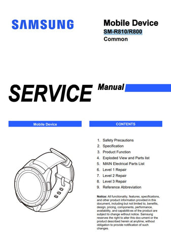 Unlock the full potential of your Samsung Galaxy Watch (42mm) with our comprehensive Service Manual (SM-R810, SM-R800) in PDF format. This essential guide provides detailed instructions, troubleshooting tips, and maintenance advice to ensure your smartwatch operates at peak performance. Perfect for both tech enthusiasts and professionals, this manual is your go-to resource for maximizing the functionality and longevity of your device. Download now and take the first step towards mastering your Samsung Galax