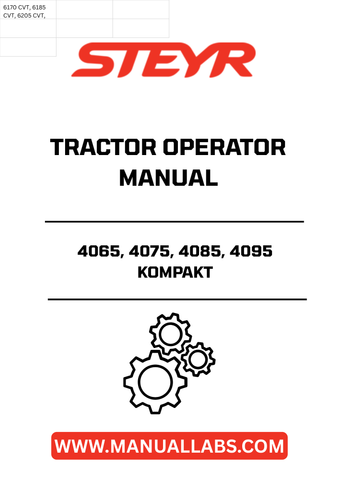 Enhance your operational efficiency with the STEYR 4065, 4075, 4085, and 4095 Kompakt Tractor Operator Manual. This comprehensive guide is designed to provide you with essential information and insights to maximize the performance of your tractor. With clear instructions and detailed illustrations, you can easily navigate through maintenance, troubleshooting, and operational procedures.