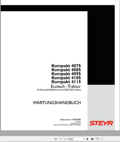 Unlock the full potential of your STEYR Compact Tractor with the comprehensive Workshop Manual (47803880) designed specifically for models 4075, 4085, 4095, 4105, and 4115. This PDF file is an essential resource for both seasoned mechanics and DIY enthusiasts, providing detailed insights into maintenance, troubleshooting, and repair procedures.