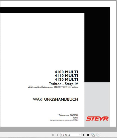 Unlock the full potential of your STEYR 4100, 4110, and 4120 Multi Tractor with the comprehensive Workshop Manual (51609581) in PDF format. This essential guide provides detailed insights into maintenance, troubleshooting, and repair procedures, ensuring your tractor operates at peak performance.
