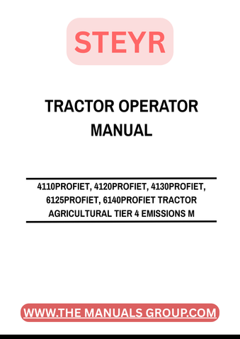 Enhance your agricultural efficiency with the STEYR 4110PROFIET, 4120PROFIET, 4130PROFIET, 6125PROFIET, and 6140PROFIET Tractor Operator Manual. This comprehensive guide is designed specifically for Tier 4 emissions models, ensuring you have all the essential information at your fingertips. With clear instructions and detailed diagrams, you can maximize the performance and longevity of your tractor, streamline maintenance tasks, and troubleshoot issues with confidence.
