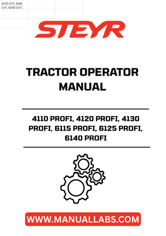 Discover the essential STEYR Tractor Operator Manual, designed specifically for the 4110 PROFI, 4120 PROFI, 4130 PROFI, 6115 PROFI, 6125 PROFI, and 6140 PROFI models. This comprehensive guide provides detailed instructions and insights to help you maximize the performance and efficiency of your tractor.