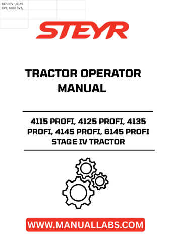Enhance your farming efficiency with the STEYR 4115, 4125, 4135, 4145, and 6145 PROFI Stage IV Tractor Operator Manual. This comprehensive guide is designed to provide you with essential information and insights to maximize the performance of your tractor. With clear instructions and detailed illustrations, you can easily navigate the features and functionalities of your machine.