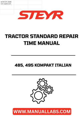 Discover the essential STEYR 485, 495 Kompakt Italian Tractor Standard Repair Times Manual (6-93030), your go-to resource for efficient maintenance and repair. This comprehensive manual provides detailed standard repair times, ensuring you can keep your tractor running smoothly and minimize downtime.