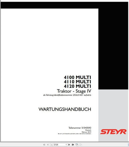 Discover the essential STEYR Agricultural Tractor Multi Maintenance Manual for models 4100, 4110, and 4120, updated as of February 2019. This comprehensive PDF file is designed to provide you with all the necessary information to keep your tractor running smoothly and efficiently.
