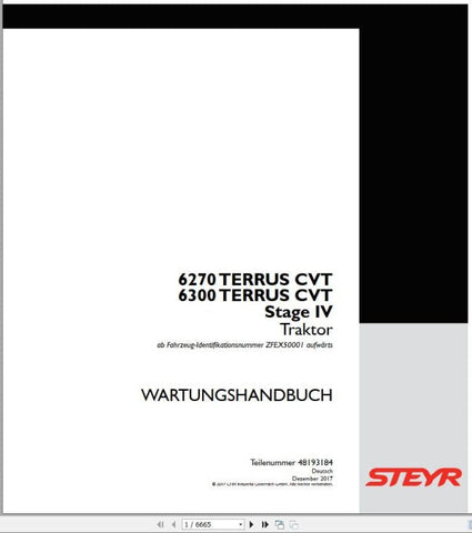 Ensure the longevity and optimal performance of your STEYR Agricultural Tractor 6270 and 6300 Terrus CVT with our comprehensive maintenance manual. This PDF file is designed to provide you with detailed instructions and insights, making it an essential resource for both novice and experienced operators.