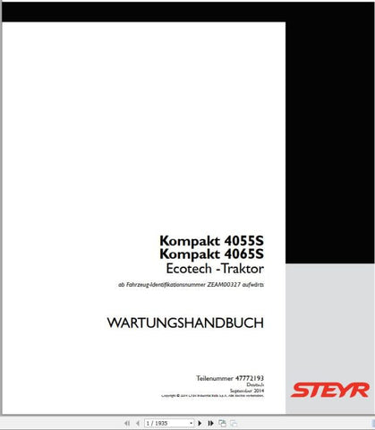 Ensure the longevity and optimal performance of your STEYR Agricultural Tractor with the Compact 4055S and 4065S Ecotech Maintenance Manual. This comprehensive PDF file is designed to provide you with essential maintenance guidelines, troubleshooting tips, and detailed specifications tailored specifically for your tractor model.