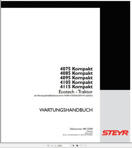 Discover the essential STEYR Agricultural Tractor Compact Maintenance Manual, designed specifically for models 4075, 4085, 4095, 4105, and 4115. This comprehensive PDF file is your go-to resource for maintaining the performance and longevity of your tractor, ensuring it operates at peak efficiency.