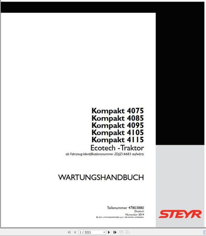 Discover the essential STEYR Agricultural Tractor Compact ECOTECH Maintenance Manual, designed specifically for models 4075, 4085, 4095, 4105, and 4115. This comprehensive PDF file serves as your go-to resource for maintaining the performance and longevity of your tractor, ensuring you get the most out of your investment.