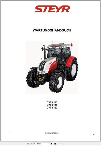 Ensure the longevity and optimal performance of your STEYR Agricultural Tractor with our comprehensive Maintenance Manual for models CVT 6130, 6145, and 6160. This PDF file is an essential resource for both seasoned professionals and new operators, providing detailed instructions and insights into routine maintenance and troubleshooting.