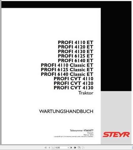 Discover the essential STEYR Agricultural Tractor Maintenance Manual for models PROFI 4110 – 6140 ET and PROFI CVT 4110 – 4130. This comprehensive PDF file is designed to provide you with all the necessary information to keep your tractor running smoothly and efficiently.