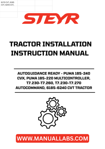 Introducing the STEYR Autoguidance Ready Installation Instructions Manual, designed specifically for the Puma 185-240 CVX, Puma 185-220 Multicontroller, T7.230-T7.260, T7.230-T7.270 Autocommand, and 6185-6240 CVT tractors. This comprehensive manual provides clear, step-by-step guidance to ensure a seamless installation process, allowing you to maximize the efficiency of your tractor's autoguidance system.