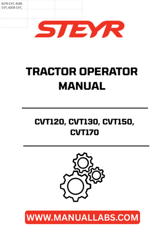 Enhance your operational efficiency with the STEYR CVT120, CVT130, CVT150, CVT170 Tractor Operator Manual (Part No. 6-30970). This comprehensive guide is designed to provide you with essential information and insights to maximize the performance of your tractor. Whether you're a seasoned operator or new to the STEYR family, this manual is an invaluable resource for understanding your machine's capabilities.