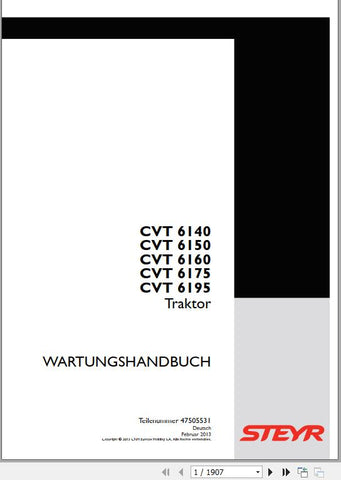 Discover the ultimate resource for your STEYR CVT tractor with the STEYR CVT Tractor Workshop Manual (Part No. 47505531). This comprehensive PDF file is designed to provide you with detailed insights and step-by-step instructions for maintenance, repairs, and troubleshooting, ensuring your tractor operates at peak performance.