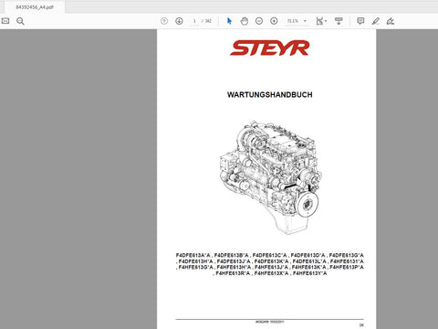Unlock the full potential of your STEYR engine with the comprehensive F4DFE, F4HFE613A, and related service manual (84392456) available in a convenient PDF format. This essential guide is designed for mechanics and enthusiasts alike, providing detailed insights into maintenance, troubleshooting, and repair procedures for various engine models including F4DFE, F4DFE, F4HFE613A, and their variants.