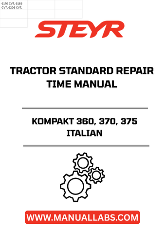 Discover the essential STEYR KOMPAKT 360, 370, 375 Italian Tractor Standard Repair Times Manual (6-92460), your go-to resource for efficient maintenance and repair. This comprehensive manual provides detailed standard repair times, ensuring you can keep your tractor running smoothly and minimize downtime.