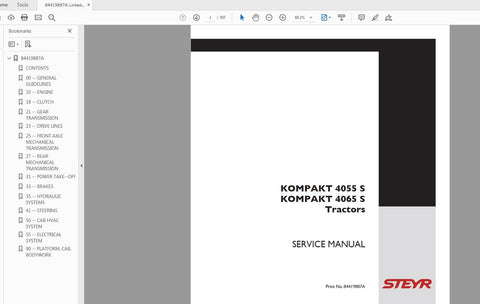 Unlock the full potential of your STEYR KOMPAKT 4055S and 4065S tractors with the comprehensive Service Manual (Part No. 84419887A). This PDF file is an essential resource for both seasoned mechanics and DIY enthusiasts, providing detailed insights into maintenance, troubleshooting, and repair procedures tailored specifically for your tractor model.