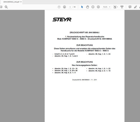 Unlock the full potential of your STEYR KOMPAKT 4055S and 4065S tractors with the comprehensive Service Manual (Part No. 84419894A1). This PDF file is an essential resource for both seasoned mechanics and DIY enthusiasts, providing detailed insights into maintenance, troubleshooting, and repair procedures tailored specifically for your tractor model.