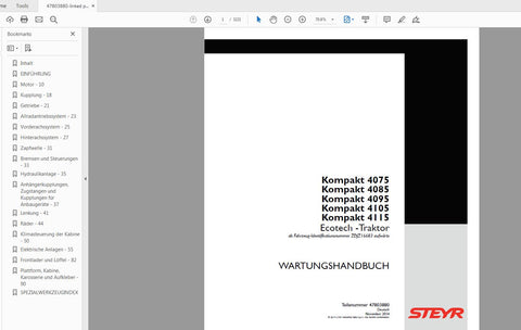 Discover the ultimate resource for maintaining your STEYR KOMPAKT 4075, 4085, 4095, 4105, and 4115 ECOTECH tractors with our comprehensive service manual (47803880). This PDF file is designed to provide you with detailed insights and step-by-step instructions, ensuring that you can perform repairs and maintenance with confidence.